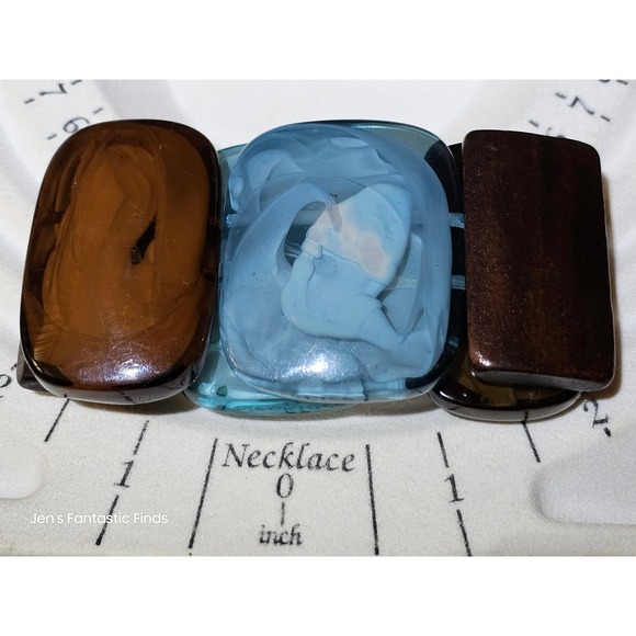 Vintage Lucite Blue Brown & Wood Stretch Bracelet 7-8" - Picture 5 of 7